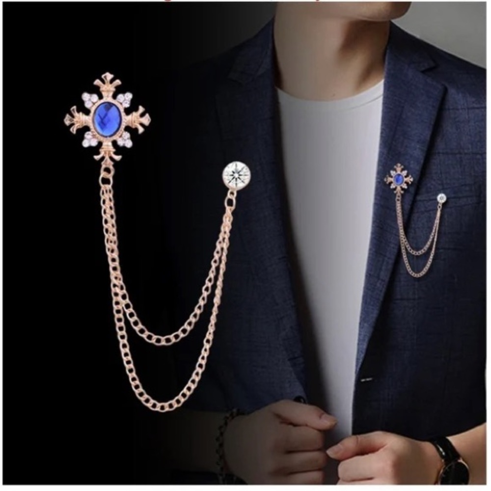 Fashion Rhinestone Cross Brooch Crystal Tassel Chain Lapel Pins